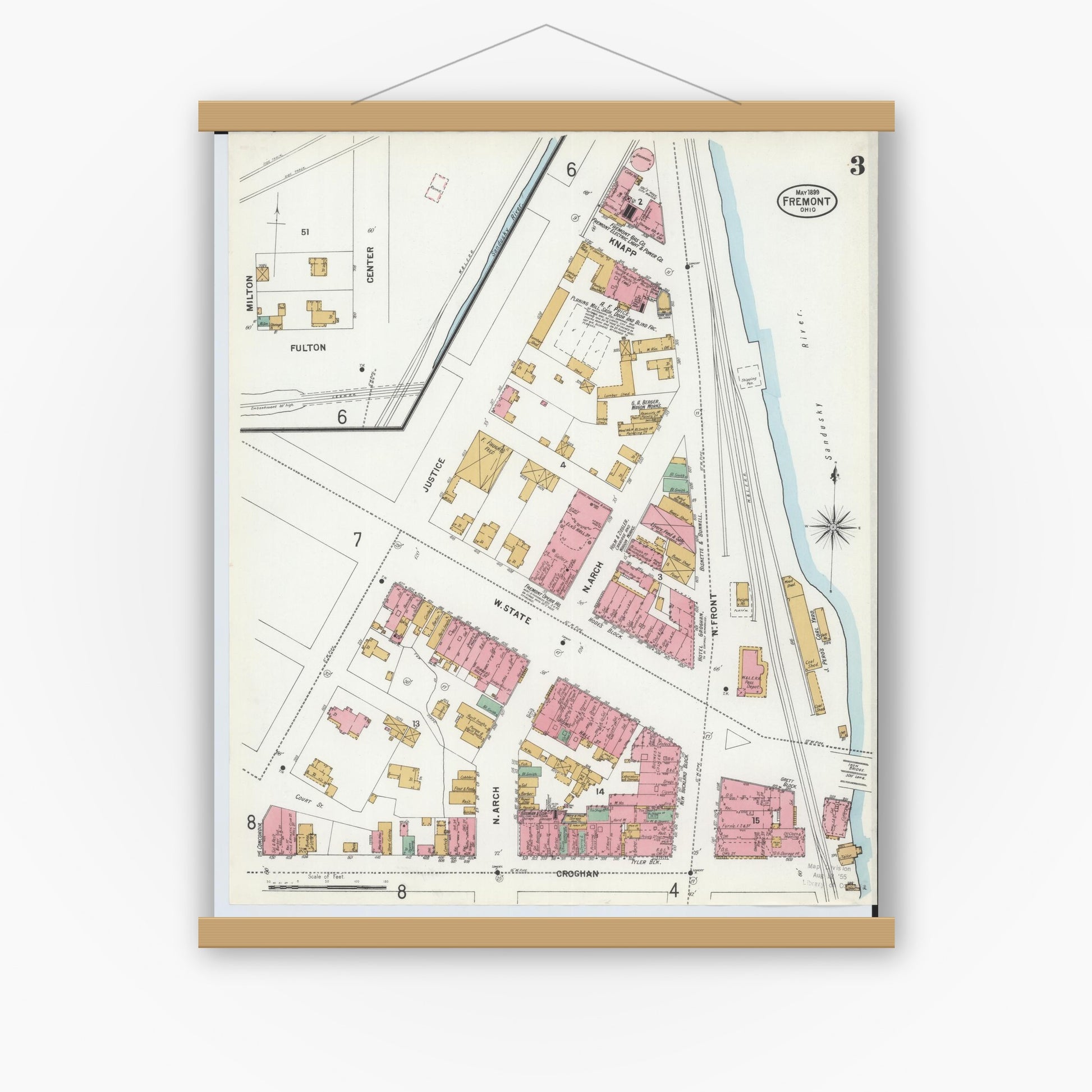 Old map wall art mockup — magnetic wood frame on white wall — Sanborn Fire Insurance Map from Fremont, Sandusky County, Ohio (1899), Sheet #0003