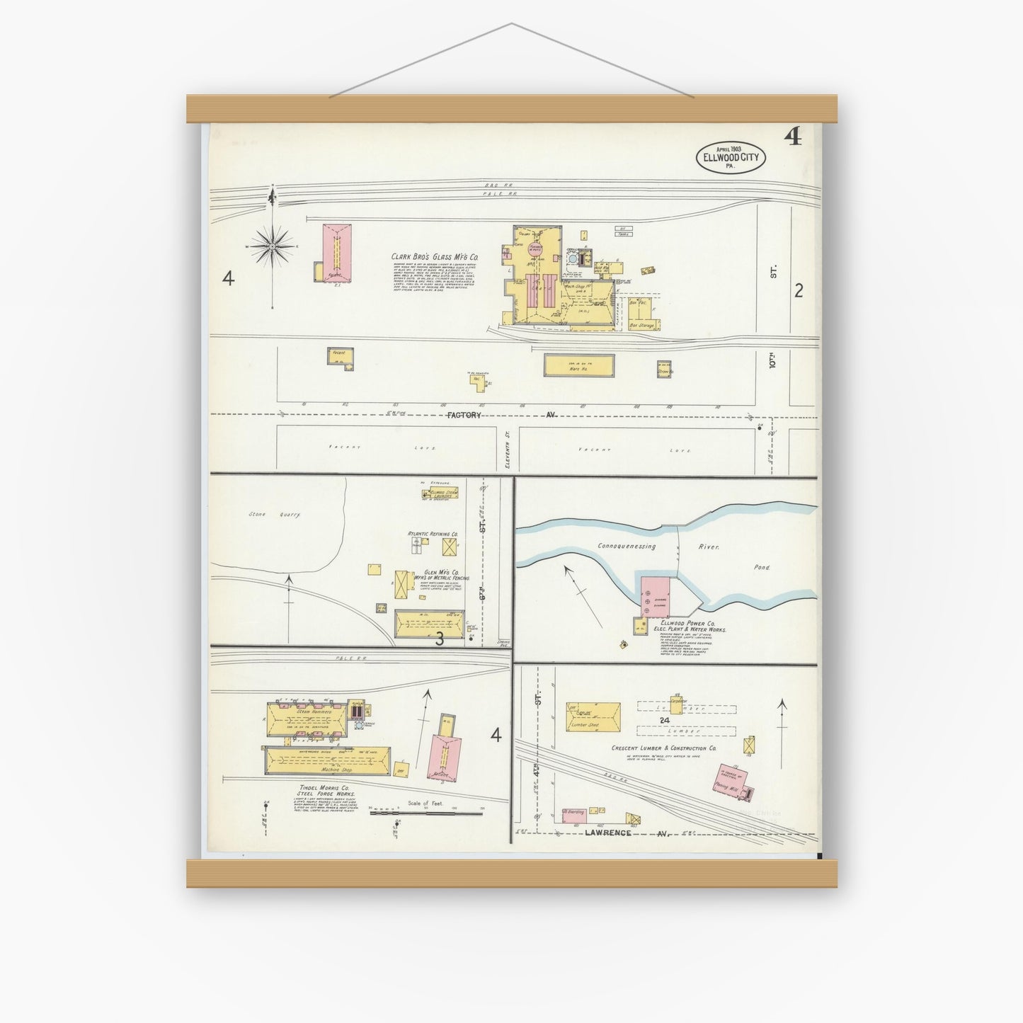 Old map wall art mockup — magnetic wood frame on white wall — Sanborn Fire Insurance Map from Ellwood City, Lawrence County, Pennsylvania (1903), Sheet #0004
