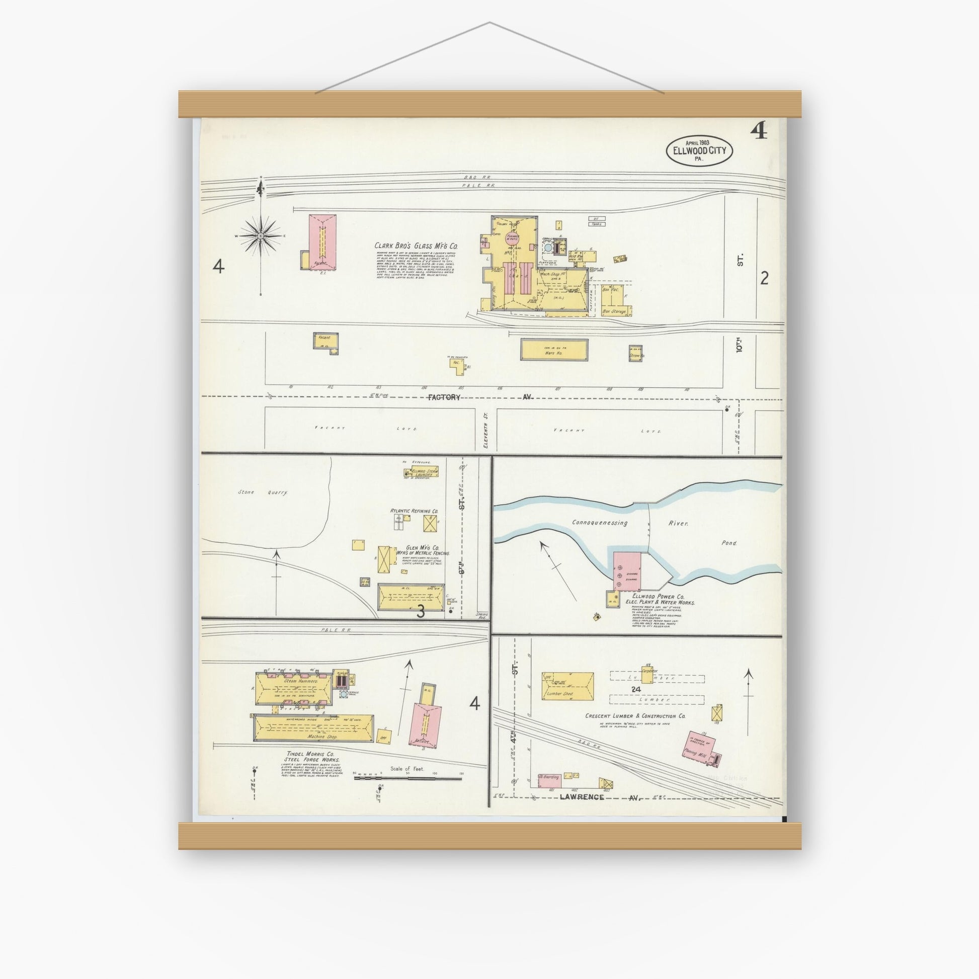 Old map wall art mockup — magnetic wood frame on white wall — Sanborn Fire Insurance Map from Ellwood City, Lawrence County, Pennsylvania (1903), Sheet #0004