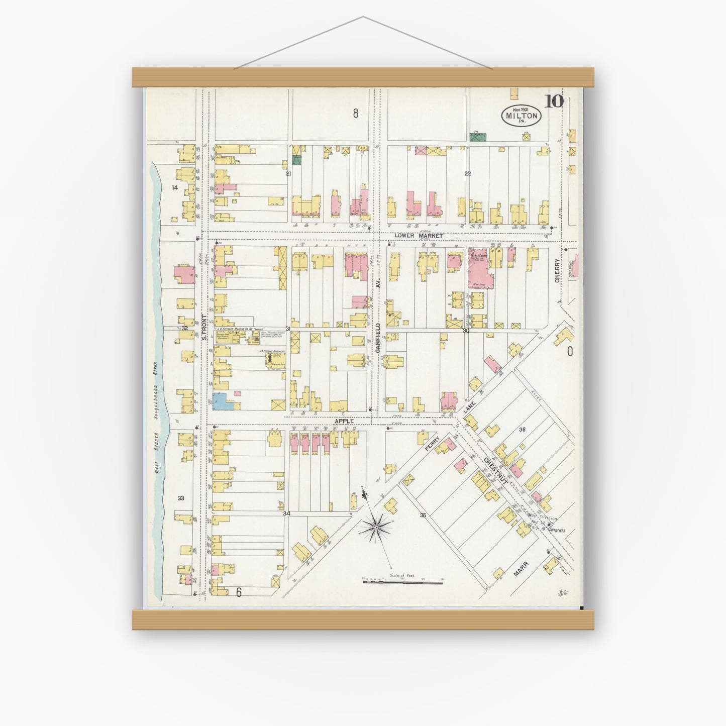 Old map wall art mockup — magnetic wood frame on white wall — Sanborn Fire Insurance Map from Milton, Northumberland County, Pennsylvania (1901), Sheet #0010