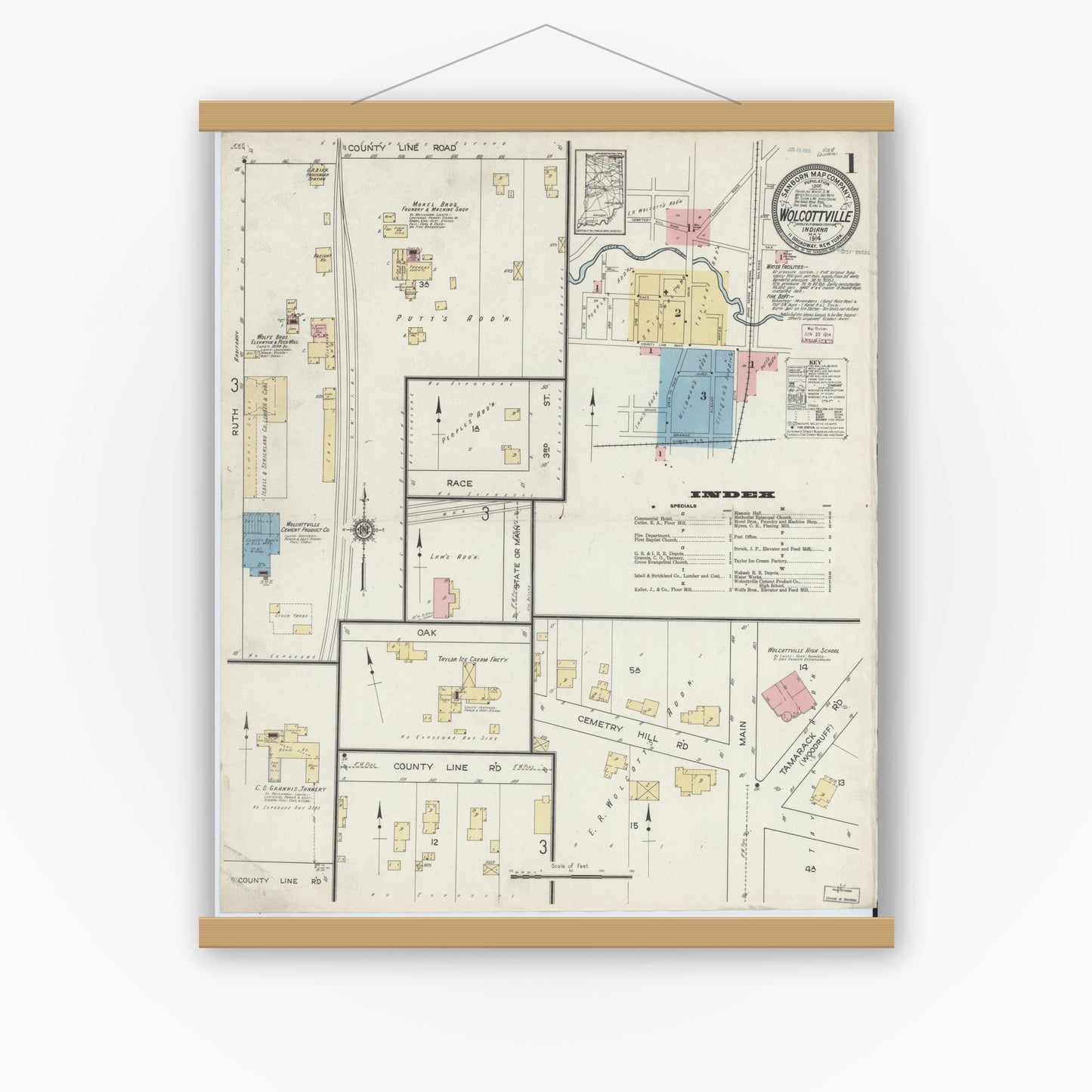 Old map wall art mockup — magnetic wood frame on white wall — Sanborn Fire Insurance Map from Wolcottville, Noble And LaGrange Counties, Indiana (1914) - Complete Map Set
