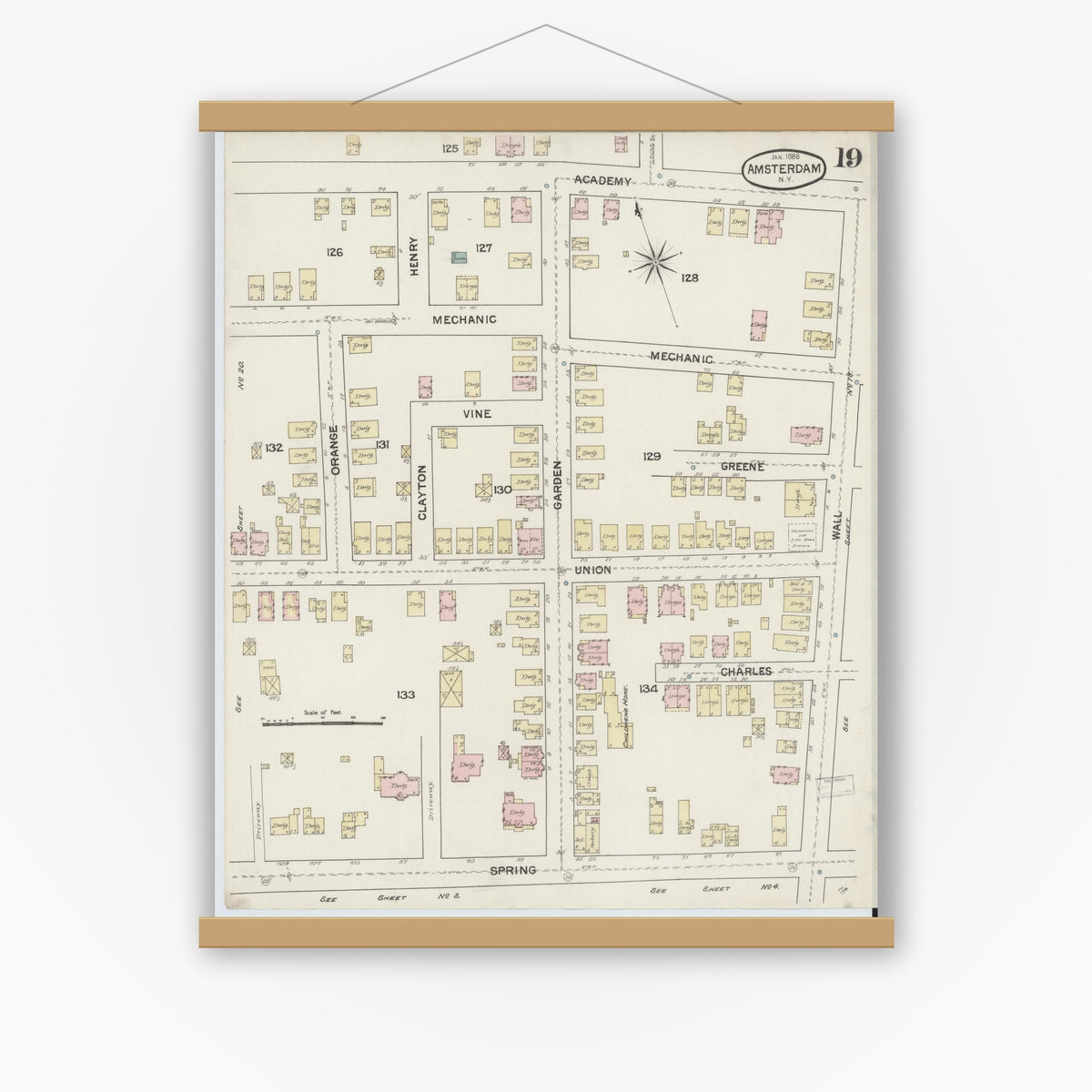 Old map wall art mockup — magnetic wood frame on white wall — Sanborn Fire Insurance Map from Amsterdam, Montgomery County, New York (1888), Sheet #0019