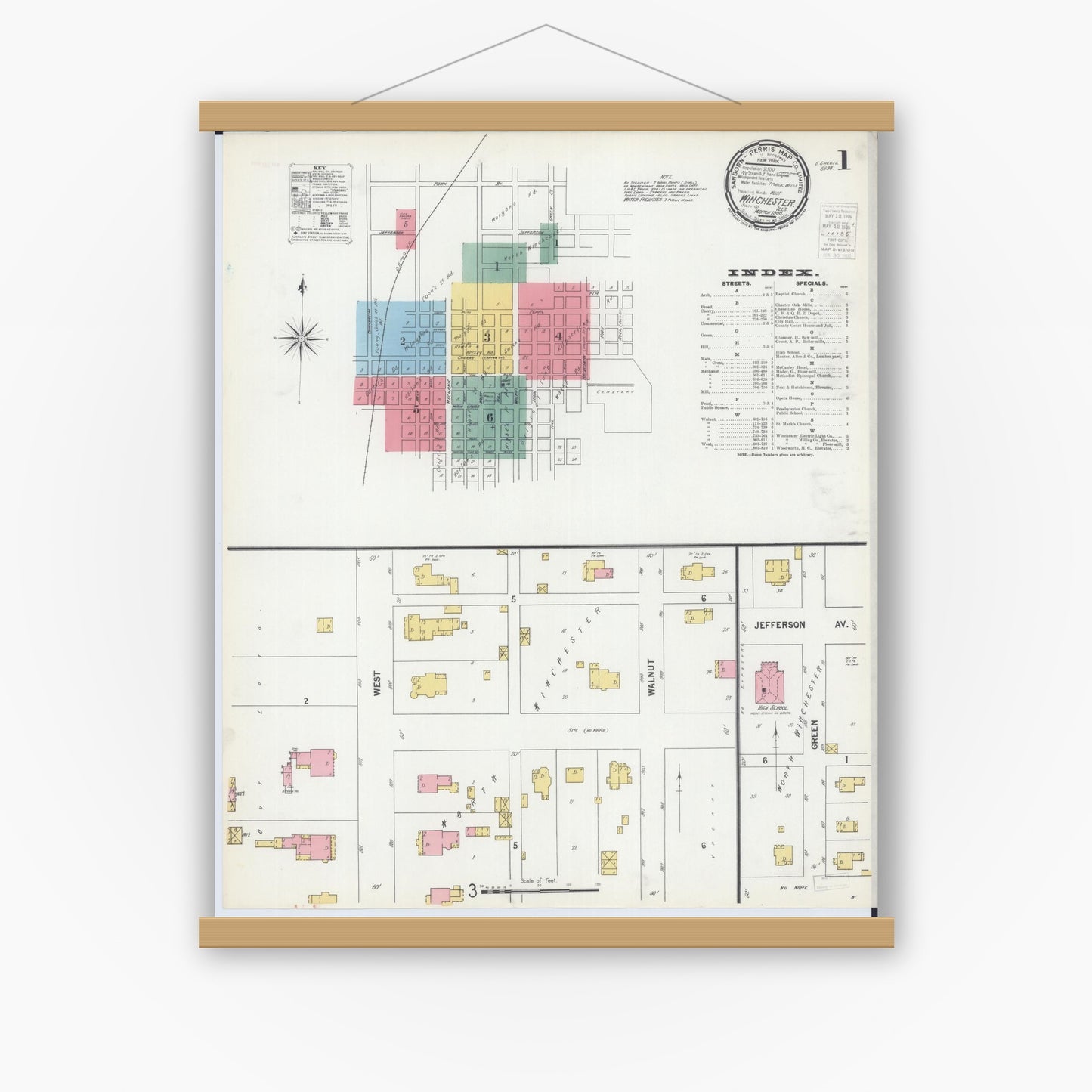 Old map wall art mockup — magnetic wood frame on white wall — Sanborn Fire Insurance Map from Winchester, Scott County, Illinois (1900) - Complete Map Set