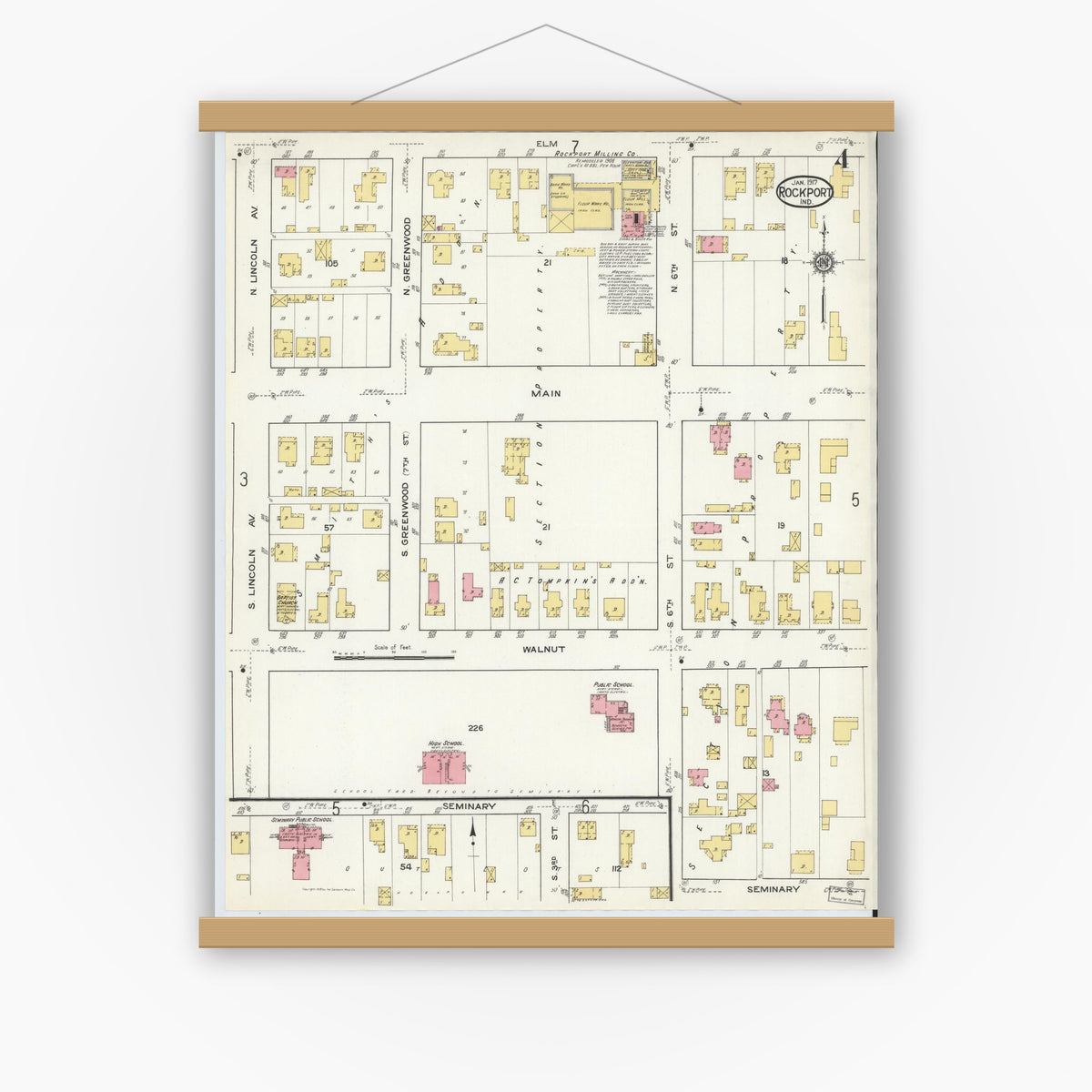 Old map wall art mockup — magnetic wood frame on white wall — Sanborn Fire Insurance Map from Rockport, Spencer County, Indiana (1917), Sheet #0004