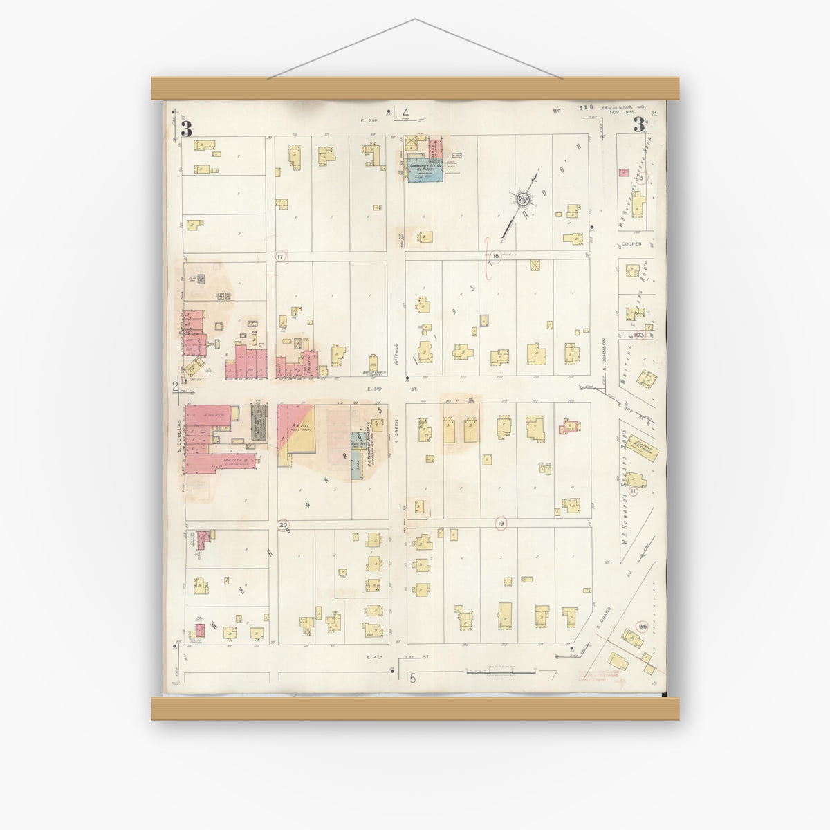 Old map wall art mockup — magnetic wood frame on white wall — Sanborn Fire Insurance Map from Lee's Summit, Jackson County, Missouri (1945), Sheet #0003