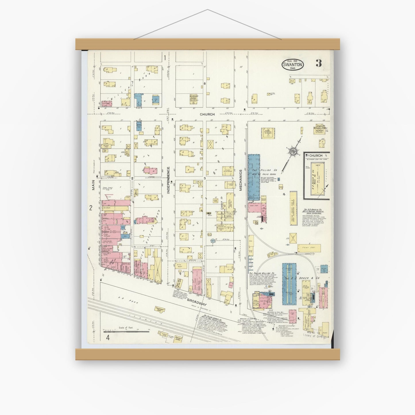 Old map wall art mockup — magnetic wood frame on white wall — Sanborn Fire Insurance Map from Swanton, Fulton County, Ohio (1913), Sheet #0003