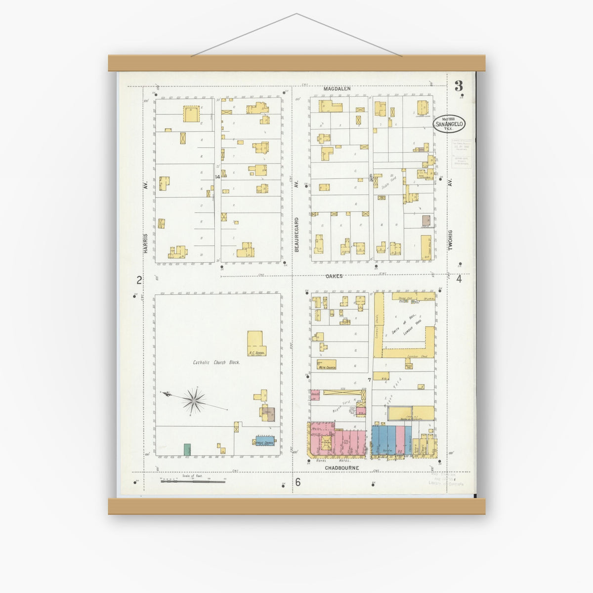 Old map wall art mockup — magnetic wood frame on white wall — Sanborn Fire Insurance Map from San Angelo, Tom Green County, Texas (1900), Sheet #0003