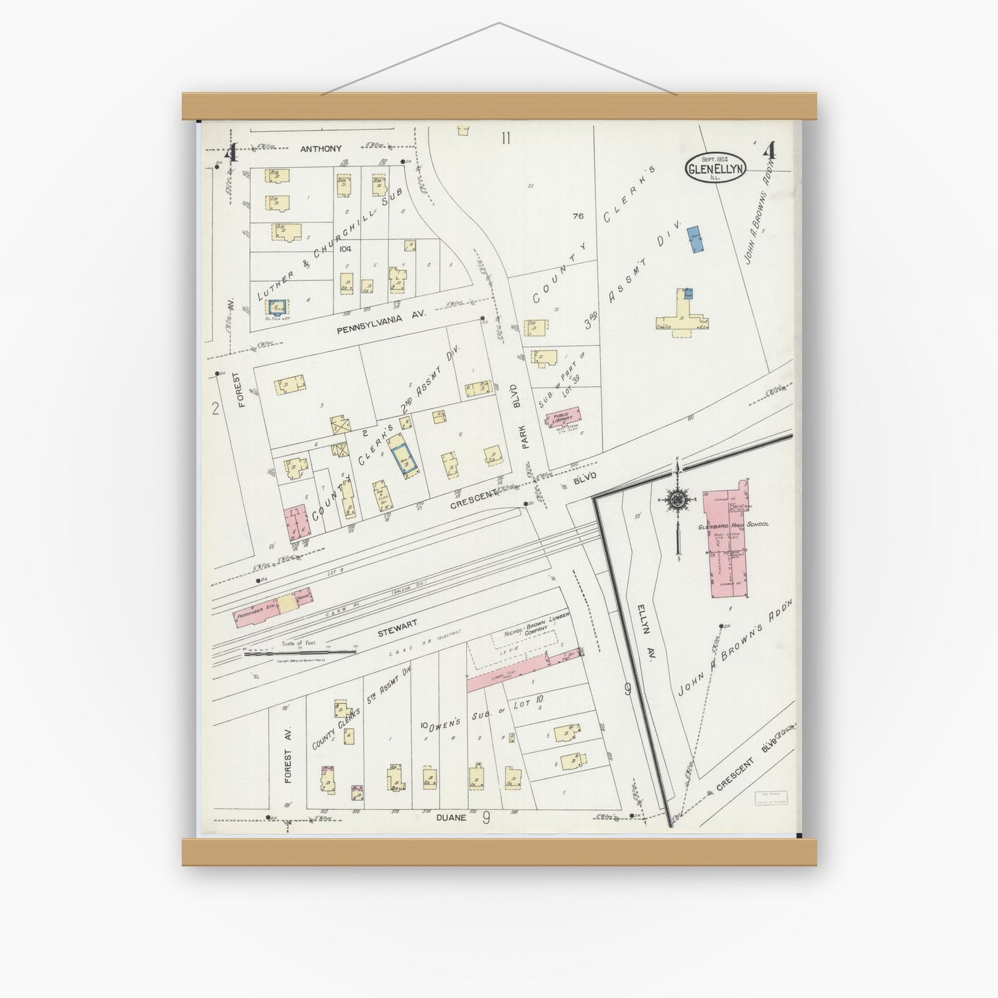 Old map wall art mockup — magnetic wood frame on white wall — Sanborn Fire Insurance Map from Glen Ellyn, Du Page County, Illinois (1924), Sheet #0004