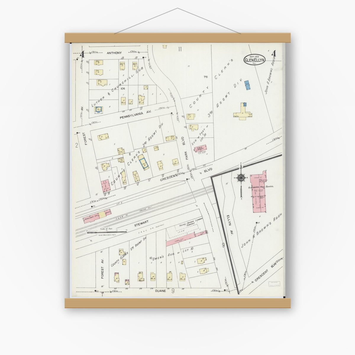 Old map wall art mockup — magnetic wood frame on white wall — Sanborn Fire Insurance Map from Glen Ellyn, Du Page County, Illinois (1924), Sheet #0004