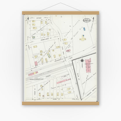 Old map wall art mockup — magnetic wood frame on white wall — Sanborn Fire Insurance Map from Glen Ellyn, Du Page County, Illinois (1924), Sheet #0004