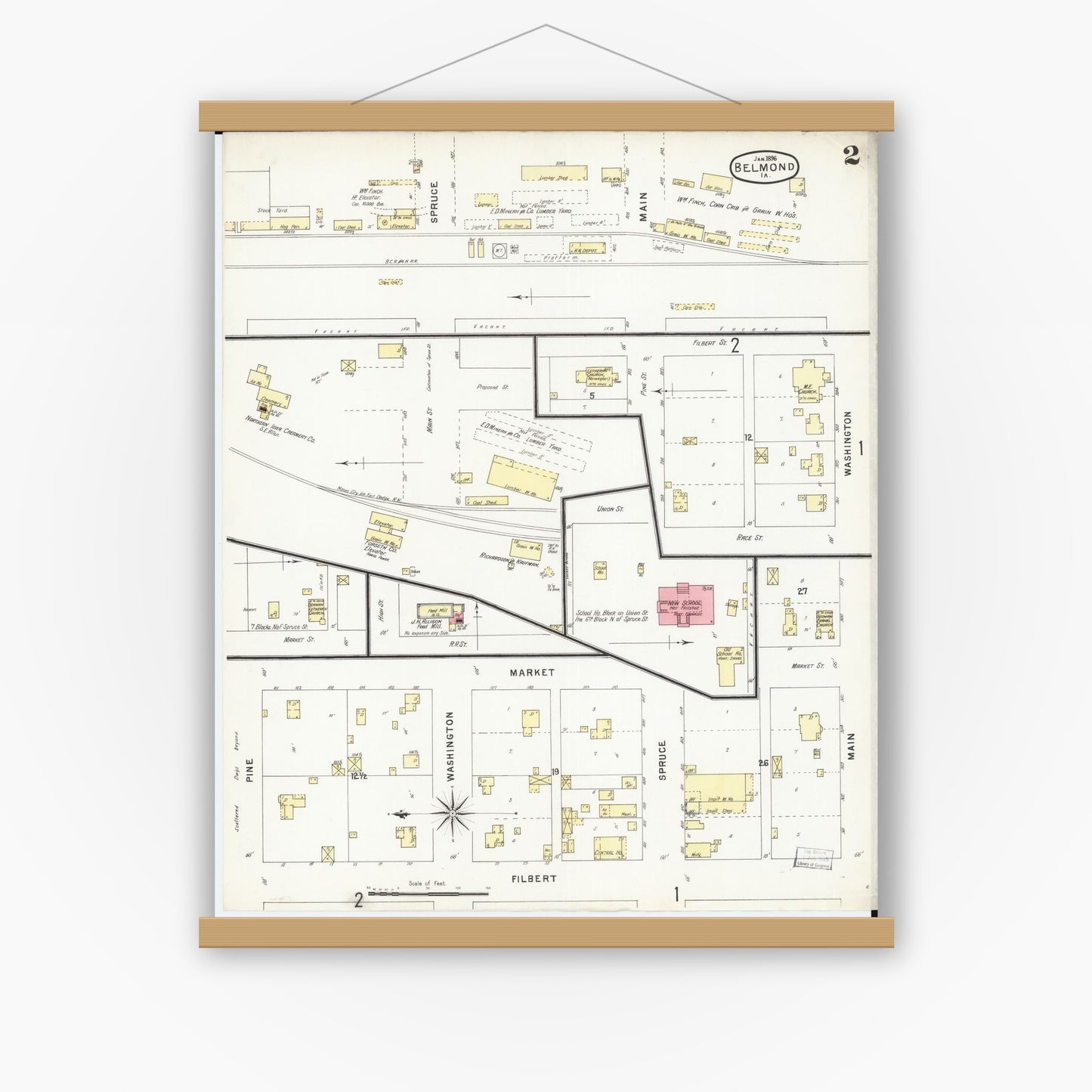 Old map wall art mockup — magnetic wood frame on white wall — Sanborn Fire Insurance Map from Belmond, Wright County, Iowa (1896), Sheet #0002