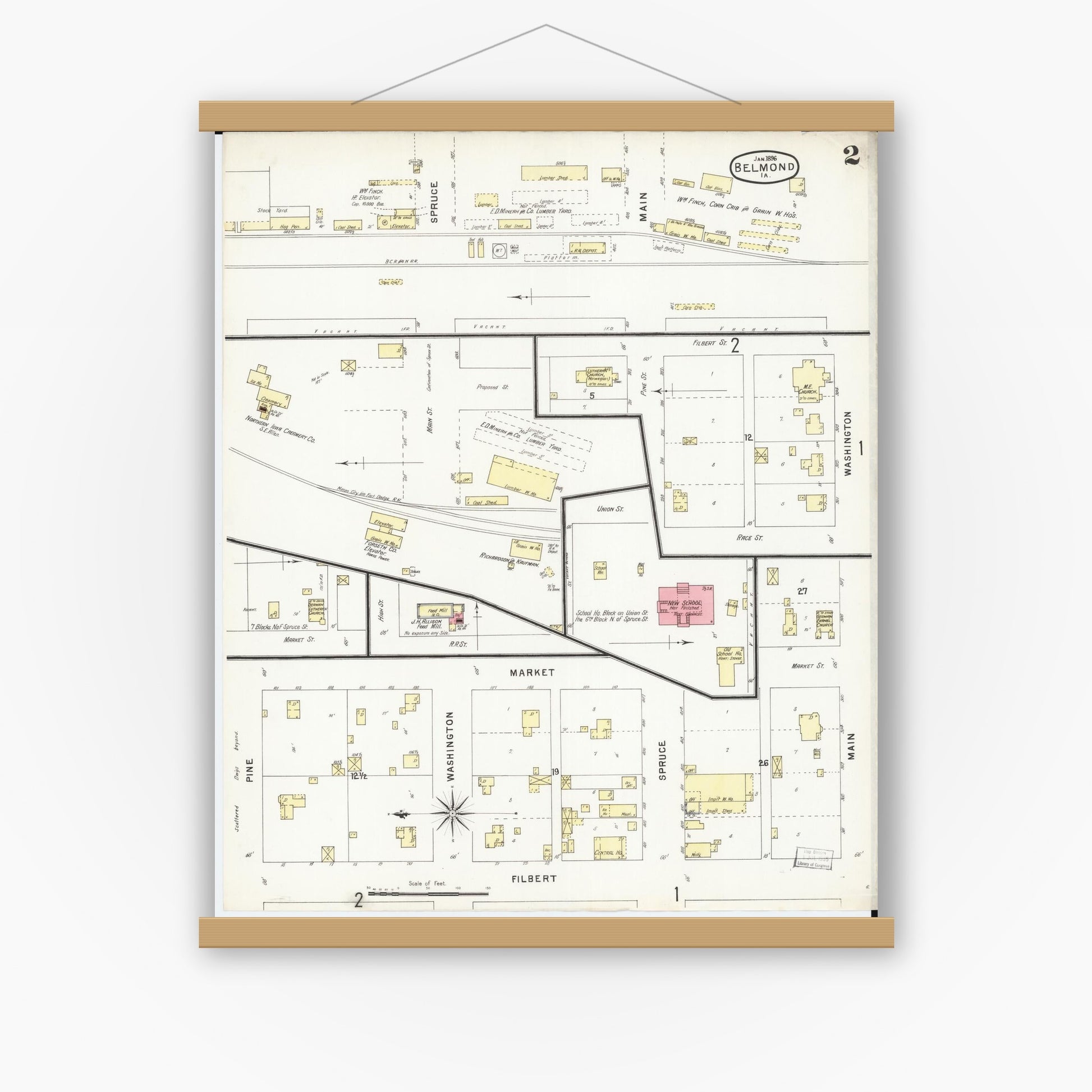 Old map wall art mockup — magnetic wood frame on white wall — Sanborn Fire Insurance Map from Belmond, Wright County, Iowa (1896), Sheet #0002