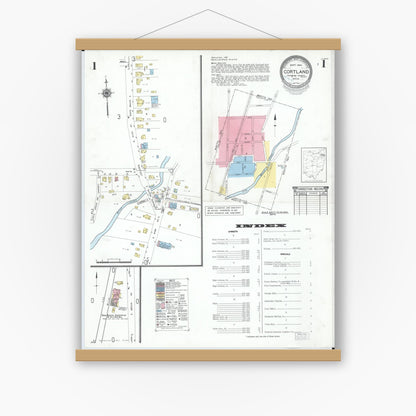 Old map wall art mockup — magnetic wood frame on white wall — Sanborn Fire Insurance Map from Cortland, Trumbull County, Ohio (1950) - Complete Map Set