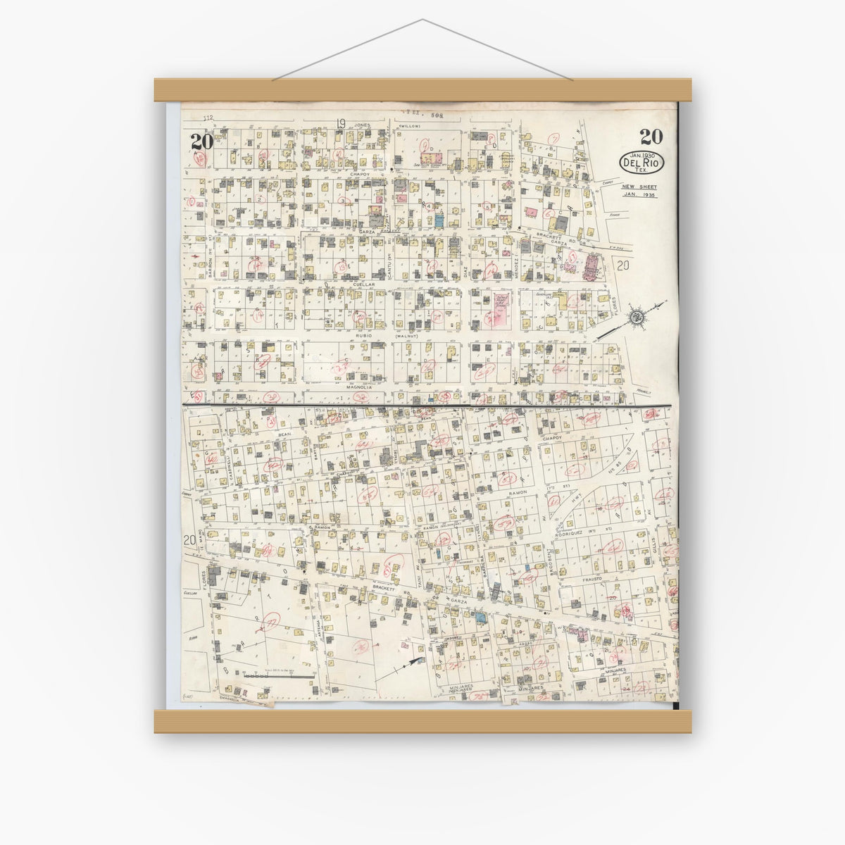Old map wall art mockup — magnetic wood frame on white wall — Sanborn Fire Insurance Map from Del Rio, Val Verde County, Texas (1948), Sheet #0020