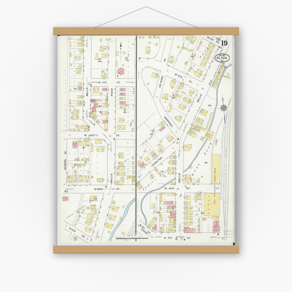 Old map wall art mockup — magnetic wood frame on white wall — Sanborn Fire Insurance Map from Alton, Madison County, Illinois (1915), Sheet #0019