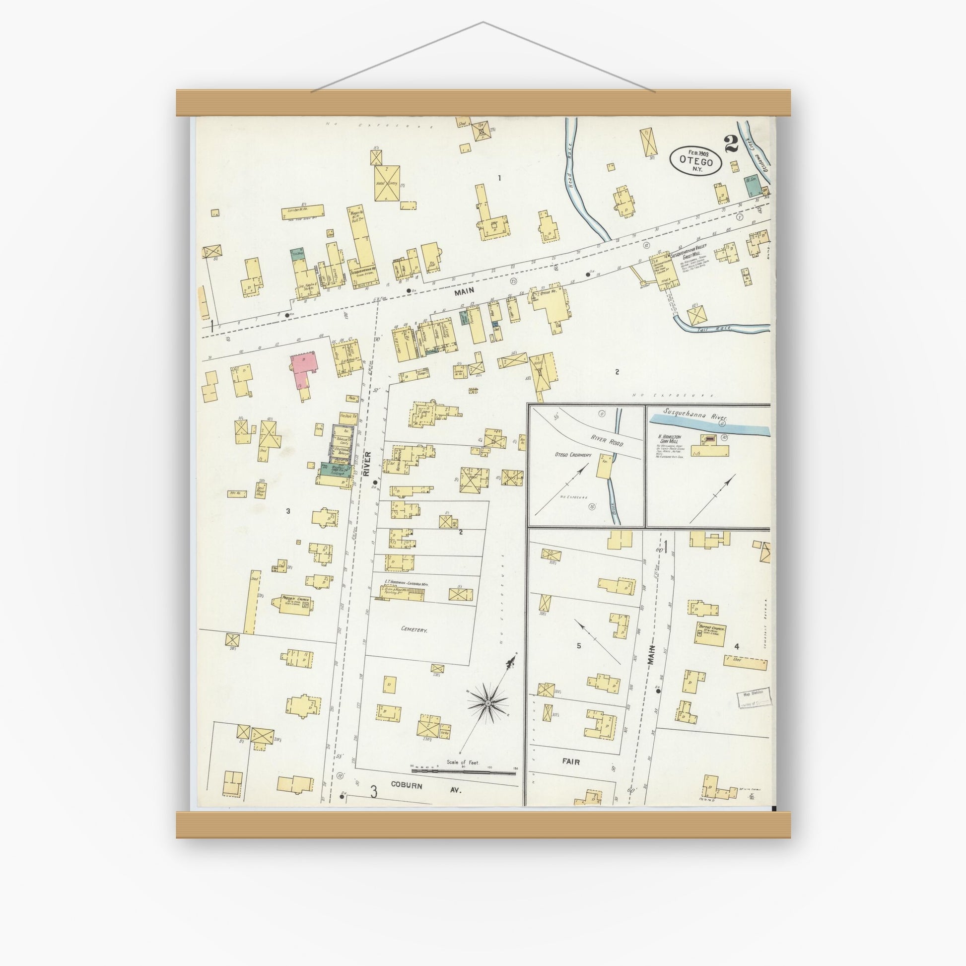 Old map wall art mockup — magnetic wood frame on white wall — Sanborn Fire Insurance Map from Otego, Otsego County, New York (1903), Sheet #0002