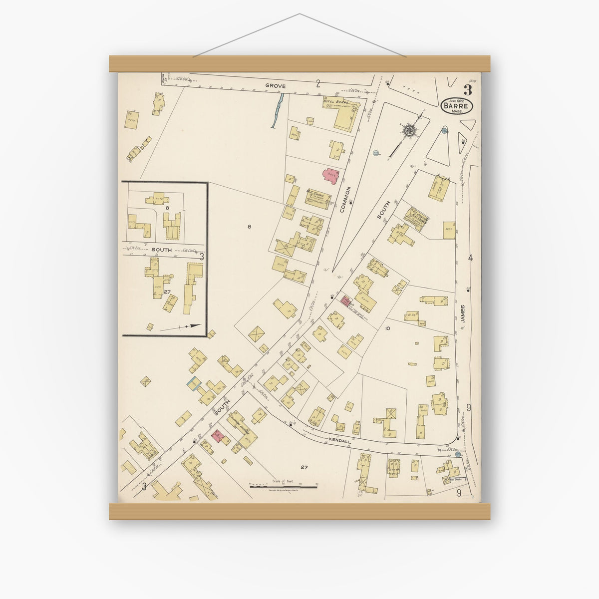 Old map wall art mockup — magnetic wood frame on white wall — Sanborn Fire Insurance Map from Barre, Worcester County, Massachusetts (1922), Sheet #0003