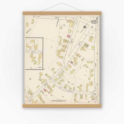 Old map wall art mockup — magnetic wood frame on white wall — Sanborn Fire Insurance Map from Barre, Worcester County, Massachusetts (1922), Sheet #0003
