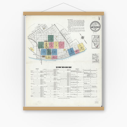Old map wall art mockup — magnetic wood frame on white wall — Sanborn Fire Insurance Map from Metropolis, Massac County, Illinois (1921), Sheet #0001