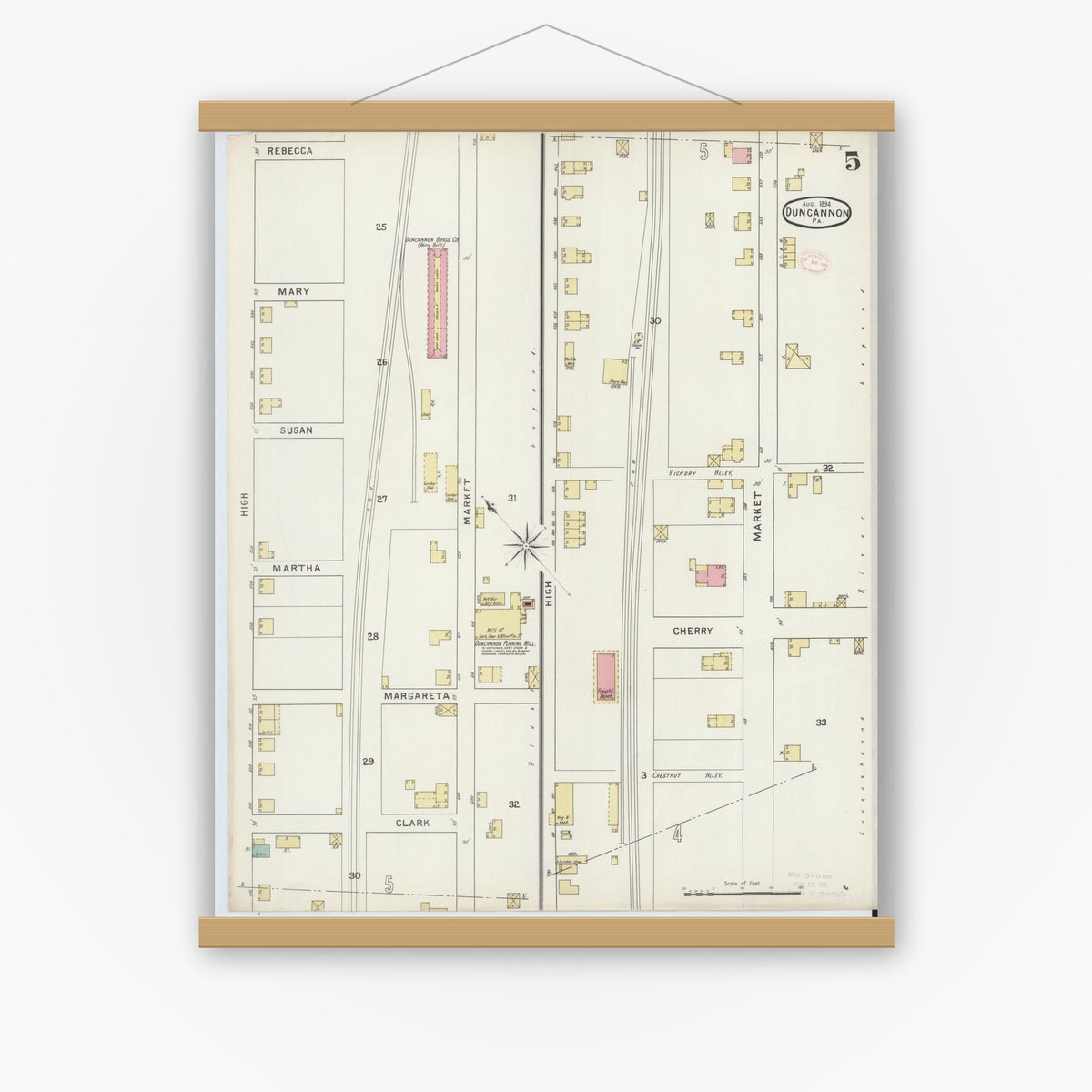 Old map wall art mockup — magnetic wood frame on white wall — Sanborn Fire Insurance Map from Duncannon, Perry County, Pennsylvania (1894), Sheet #0005