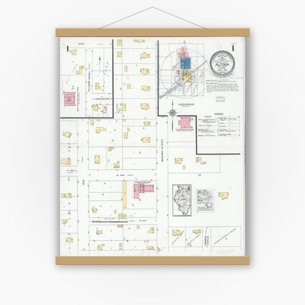 Old map wall art mockup — magnetic wood frame on white wall — Sanborn Fire Insurance Map from Altona, Knox County, Illinois (1928), Sheet #0001
