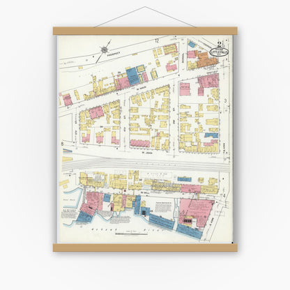 Old map wall art mockup — magnetic wood frame on white wall — Sanborn Fire Insurance Map from Little Falls, Herkimer County, New York (1918) - Complete Map Set