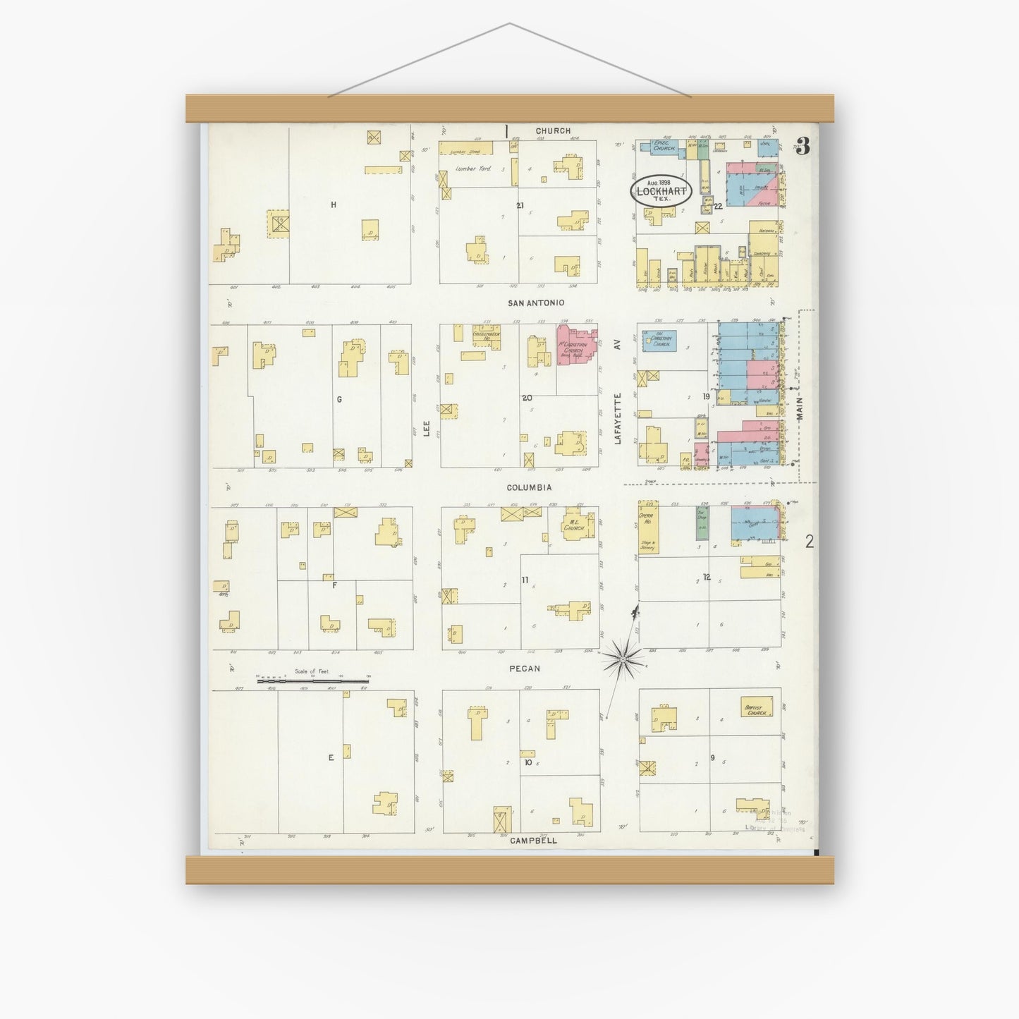 Old map wall art mockup — magnetic wood frame on white wall — Sanborn Fire Insurance Map from Lockhart, Caldwell County, Texas (1898), Sheet #0003