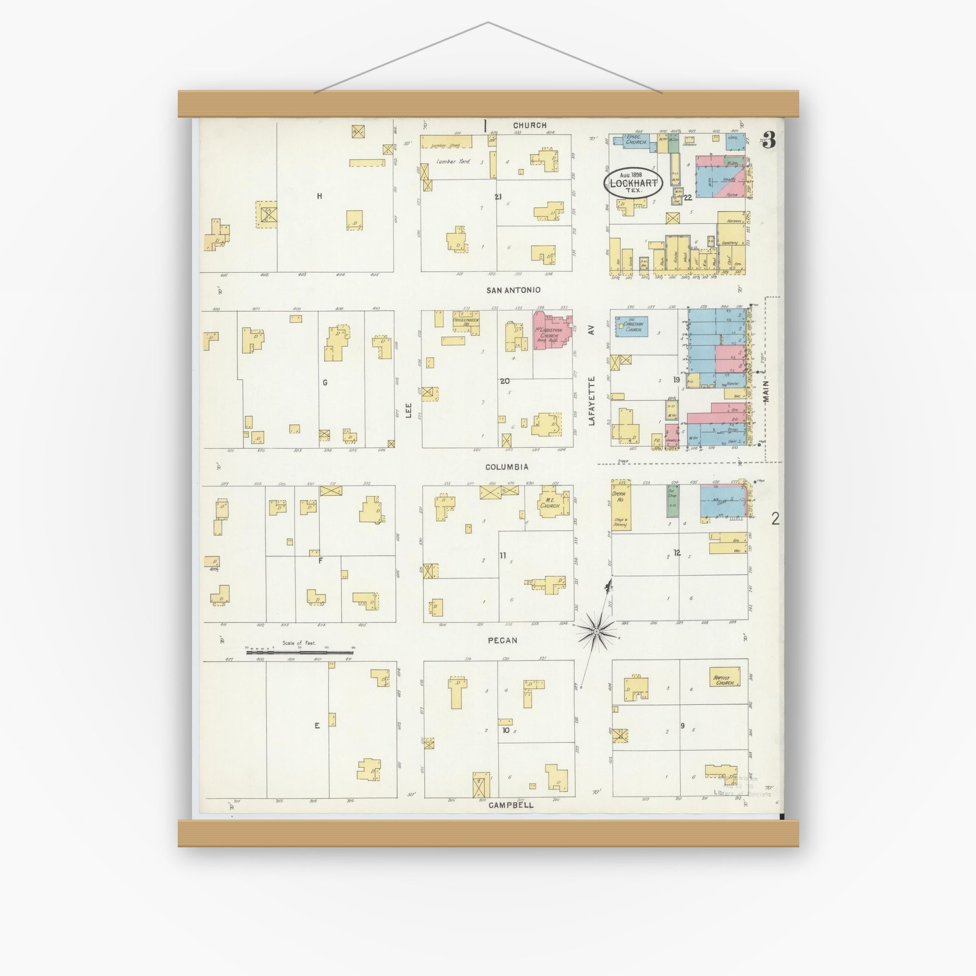 Old map wall art mockup — magnetic wood frame on white wall — Sanborn Fire Insurance Map from Lockhart, Caldwell County, Texas (1898), Sheet #0003