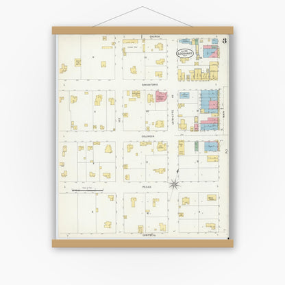 Old map wall art mockup — magnetic wood frame on white wall — Sanborn Fire Insurance Map from Lockhart, Caldwell County, Texas (1898), Sheet #0003