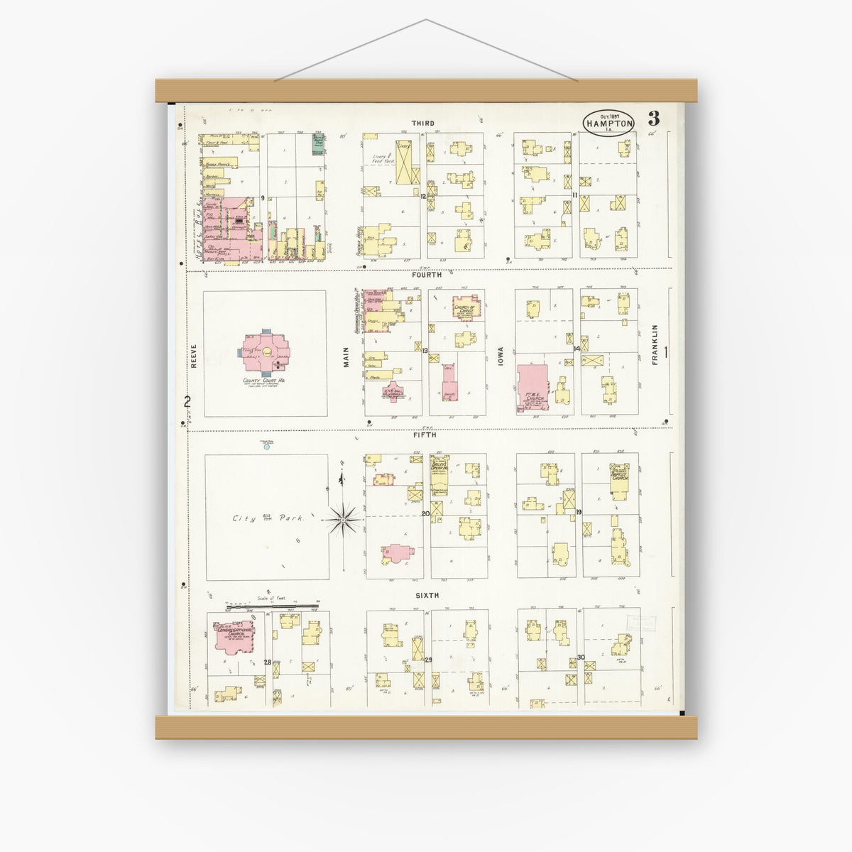 Old map wall art mockup — magnetic wood frame on white wall — Sanborn Fire Insurance Map from Hampton, Franklin County, Iowa (1897), Sheet #0003