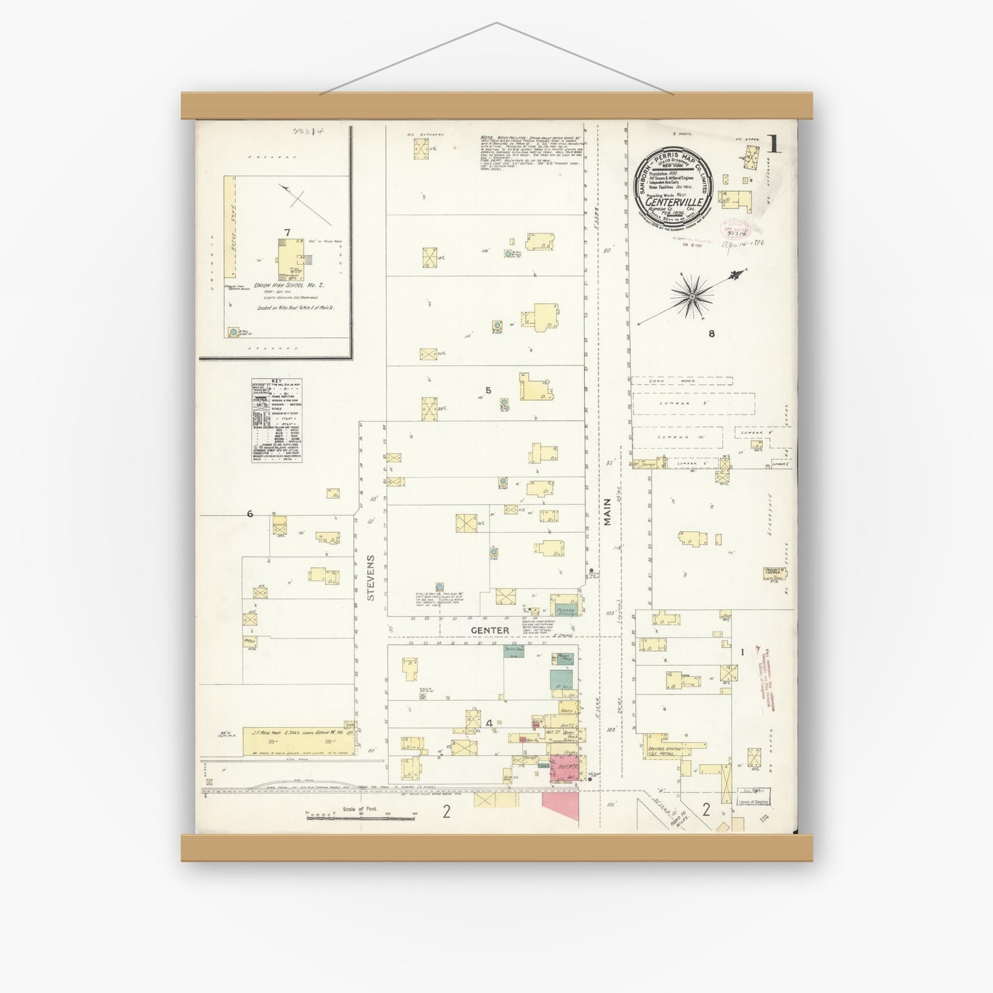 Old map wall art mockup — magnetic wood frame on white wall — Sanborn Fire Insurance Map from Centerville, Alameda County, California (1896), Sheet #0001