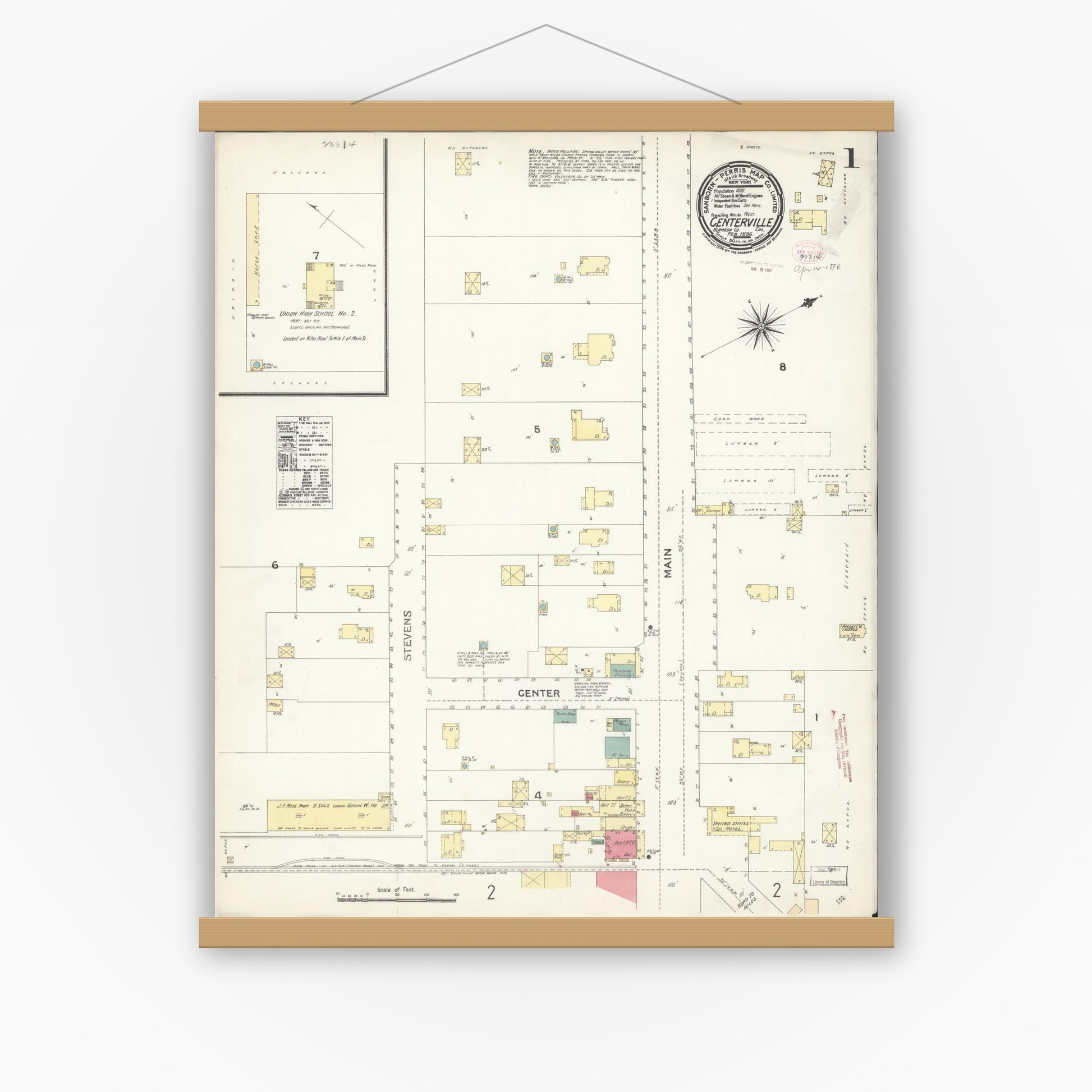Old map wall art mockup — magnetic wood frame on white wall — Sanborn Fire Insurance Map from Centerville, Alameda County, California (1896), Sheet #0001