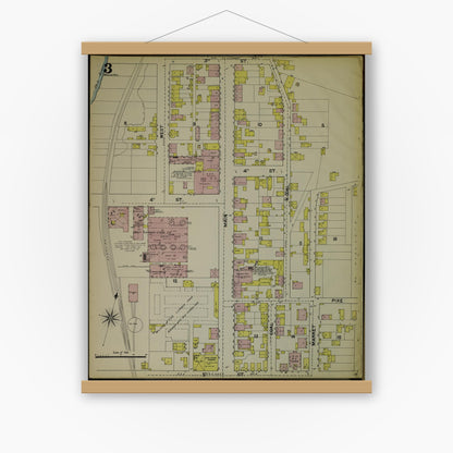 Old map wall art mockup — magnetic wood frame on white wall — Sanborn Fire Insurance Map from Wheeling, Ohio County, West Virginia (1890), Sheet #0003