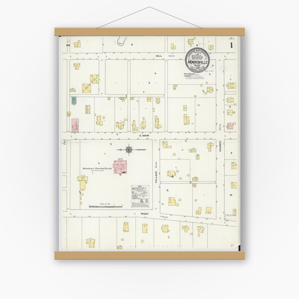 Old map wall art mockup — magnetic wood frame on white wall — Sanborn Fire Insurance Map from Morrisville, Polk County, Missouri (1909), Sheet #0001