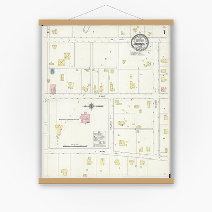 Old map wall art mockup — magnetic wood frame on white wall — Sanborn Fire Insurance Map from Morrisville, Polk County, Missouri (1909), Sheet #0001
