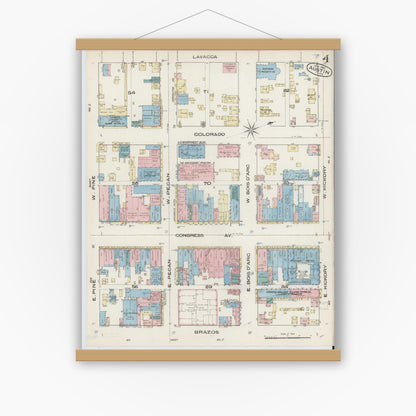 Old map wall art mockup — magnetic wood frame on white wall — Sanborn Fire Insurance Map from Austin, Travis County, Texas (1885), Sheet #0004