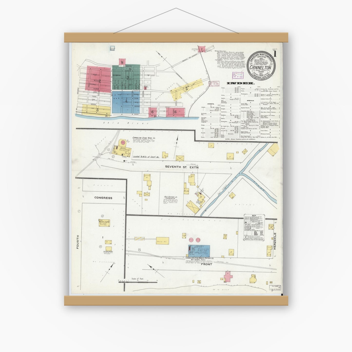Old map wall art mockup — magnetic wood frame on white wall — Sanborn Fire Insurance Map from Cannelton, Perry County, Indiana (1909), Sheet #0001