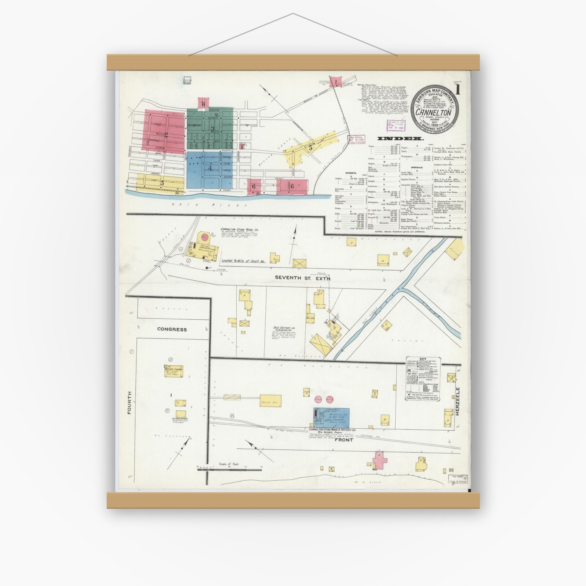 Old map wall art mockup — magnetic wood frame on white wall — Sanborn Fire Insurance Map from Cannelton, Perry County, Indiana (1909), Sheet #0001