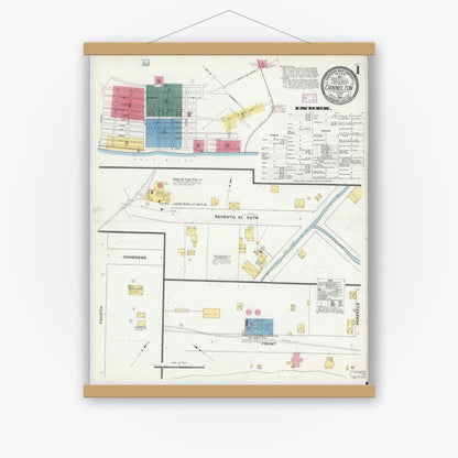 Old map wall art mockup — magnetic wood frame on white wall — Sanborn Fire Insurance Map from Cannelton, Perry County, Indiana (1909), Sheet #0001