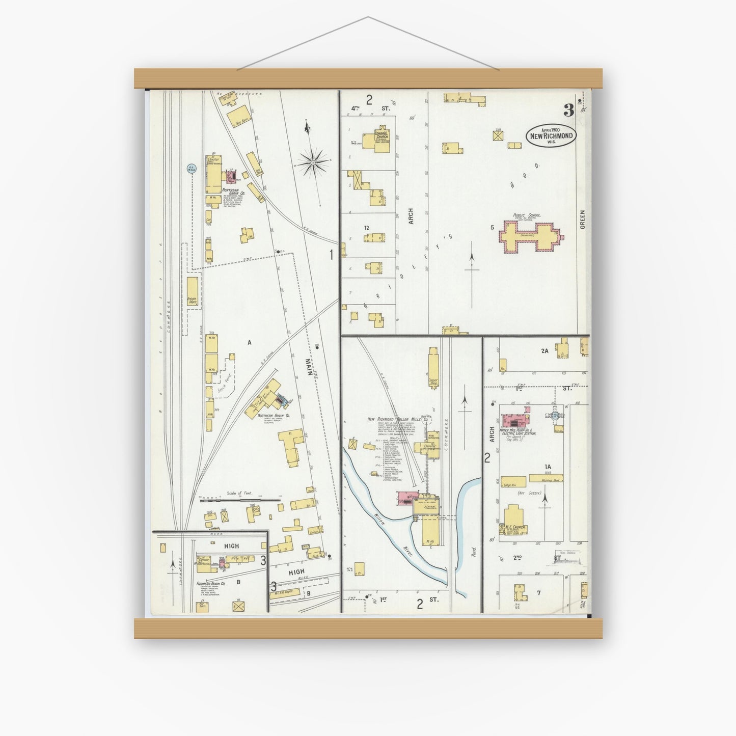 Old map wall art mockup — magnetic wood frame on white wall — Sanborn Fire Insurance Map from New Richmond, St. Croix County, Wisconsin (1900), Sheet #0003