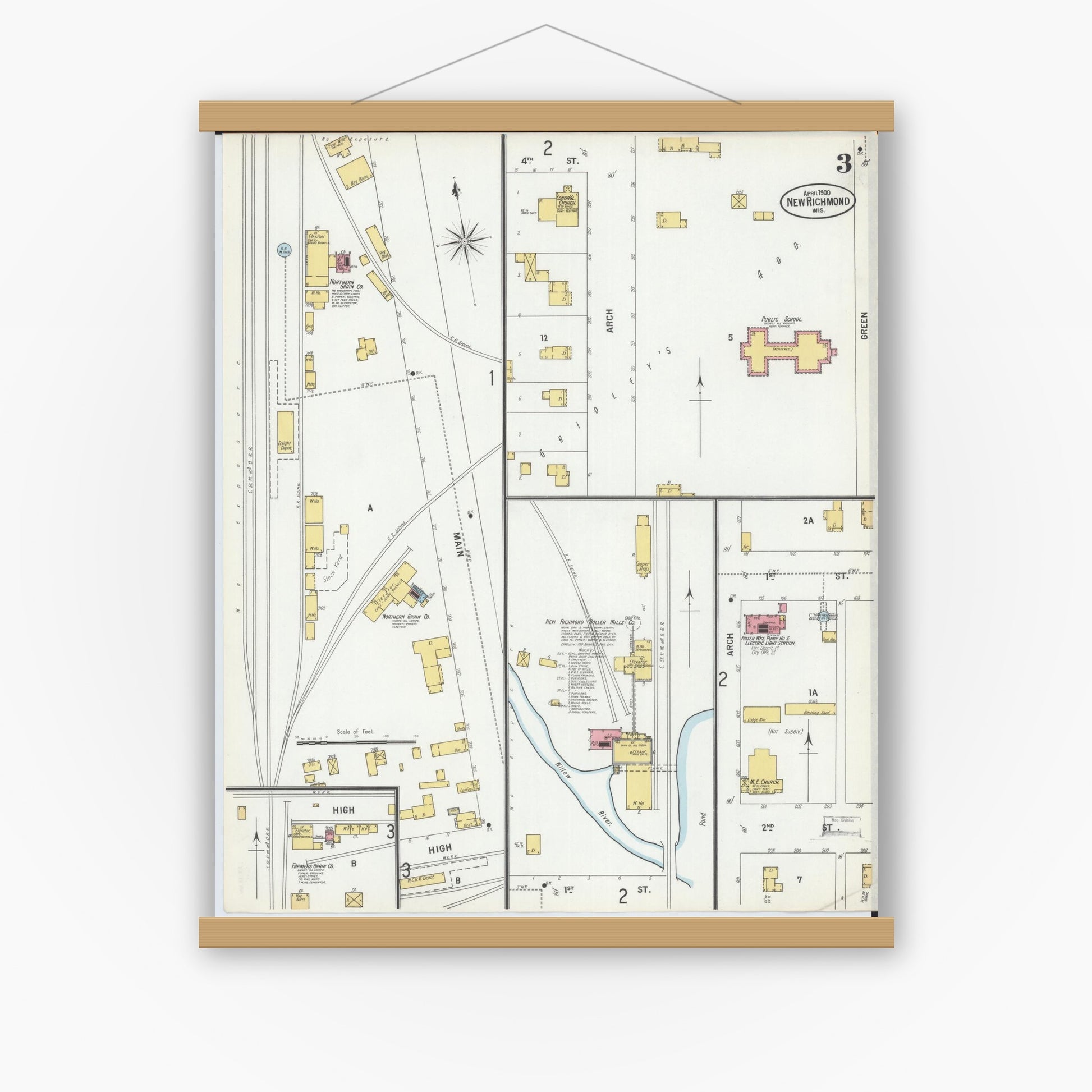 Old map wall art mockup — magnetic wood frame on white wall — Sanborn Fire Insurance Map from New Richmond, St. Croix County, Wisconsin (1900), Sheet #0003