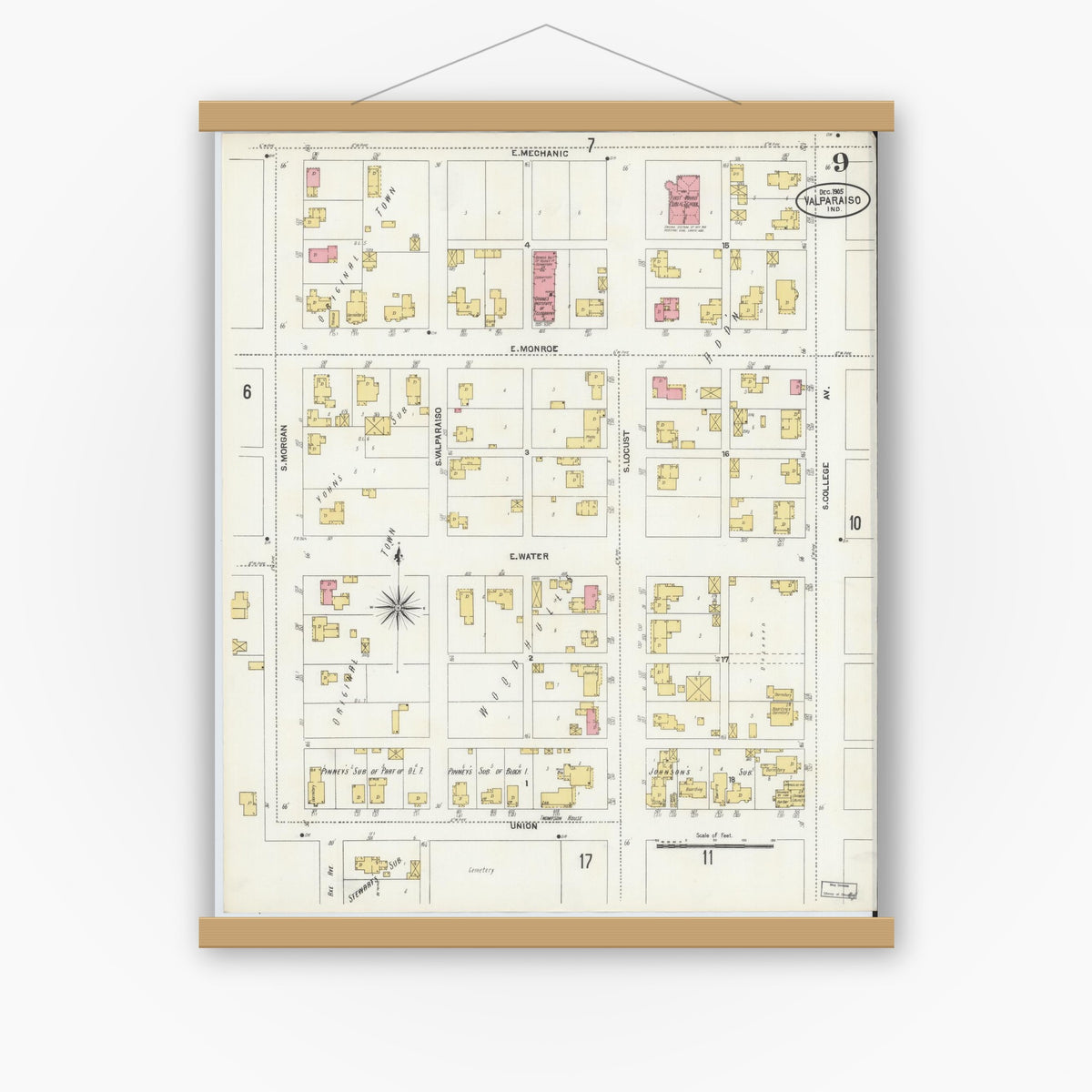 Old map wall art mockup — magnetic wood frame on white wall — Sanborn Fire Insurance Map from Valparaiso, Porter County, Indiana (1905), Sheet #0009