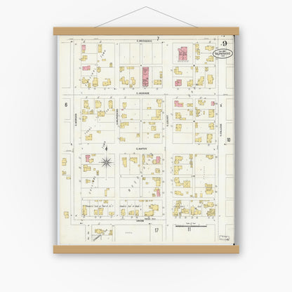 Old map wall art mockup — magnetic wood frame on white wall — Sanborn Fire Insurance Map from Valparaiso, Porter County, Indiana (1905), Sheet #0009