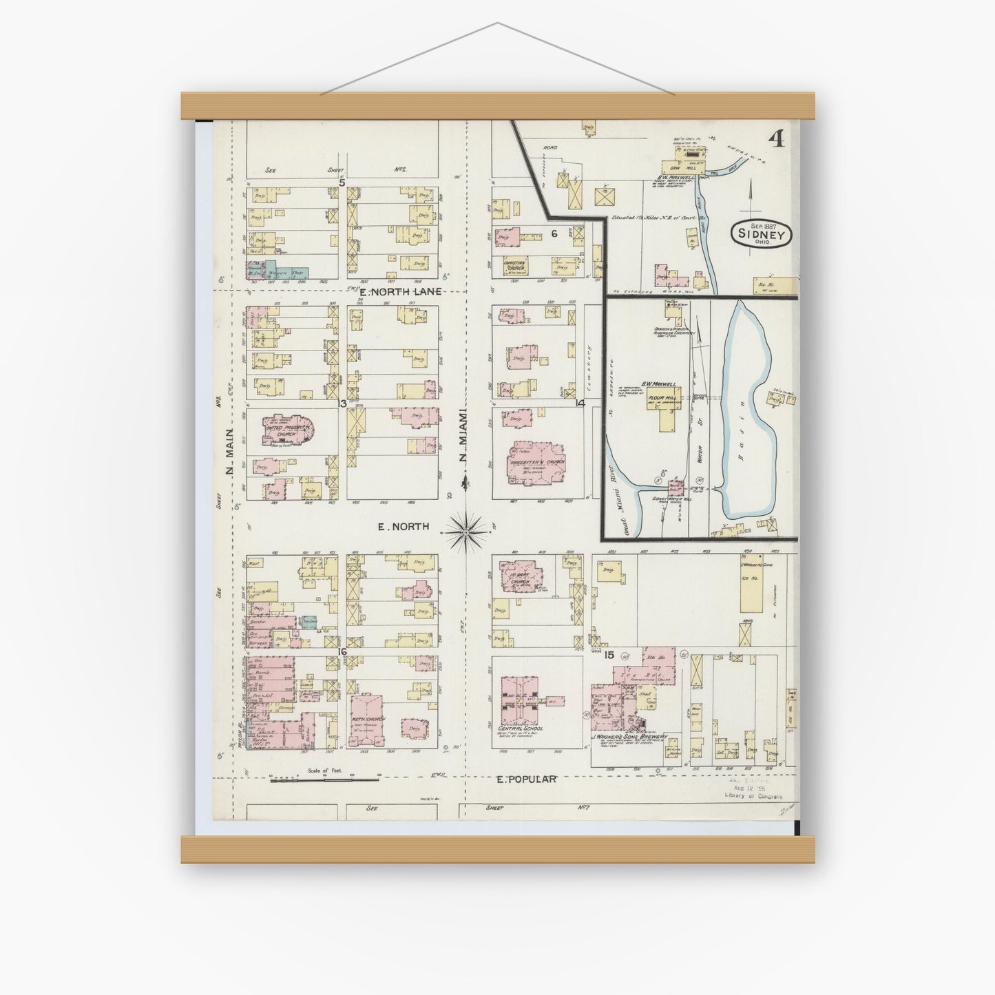 Old map wall art mockup — magnetic wood frame on white wall — Sanborn Fire Insurance Map from Sidney, Shelby County, Ohio (1887), Sheet #0004