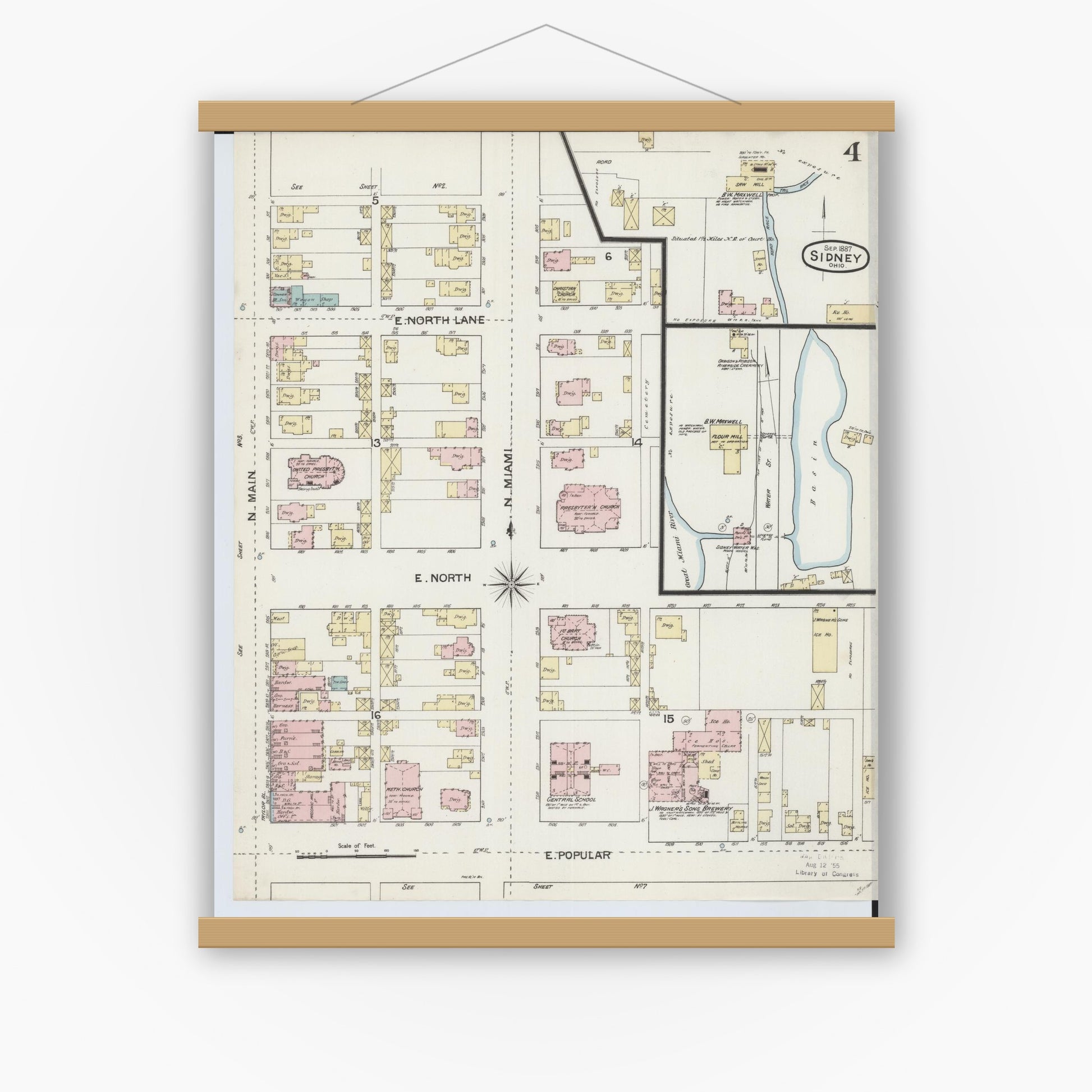 Old map wall art mockup — magnetic wood frame on white wall — Sanborn Fire Insurance Map from Sidney, Shelby County, Ohio (1887), Sheet #0004