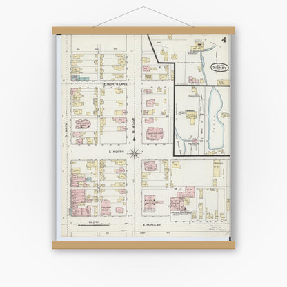 Old map wall art mockup — magnetic wood frame on white wall — Sanborn Fire Insurance Map from Sidney, Shelby County, Ohio (1887), Sheet #0004