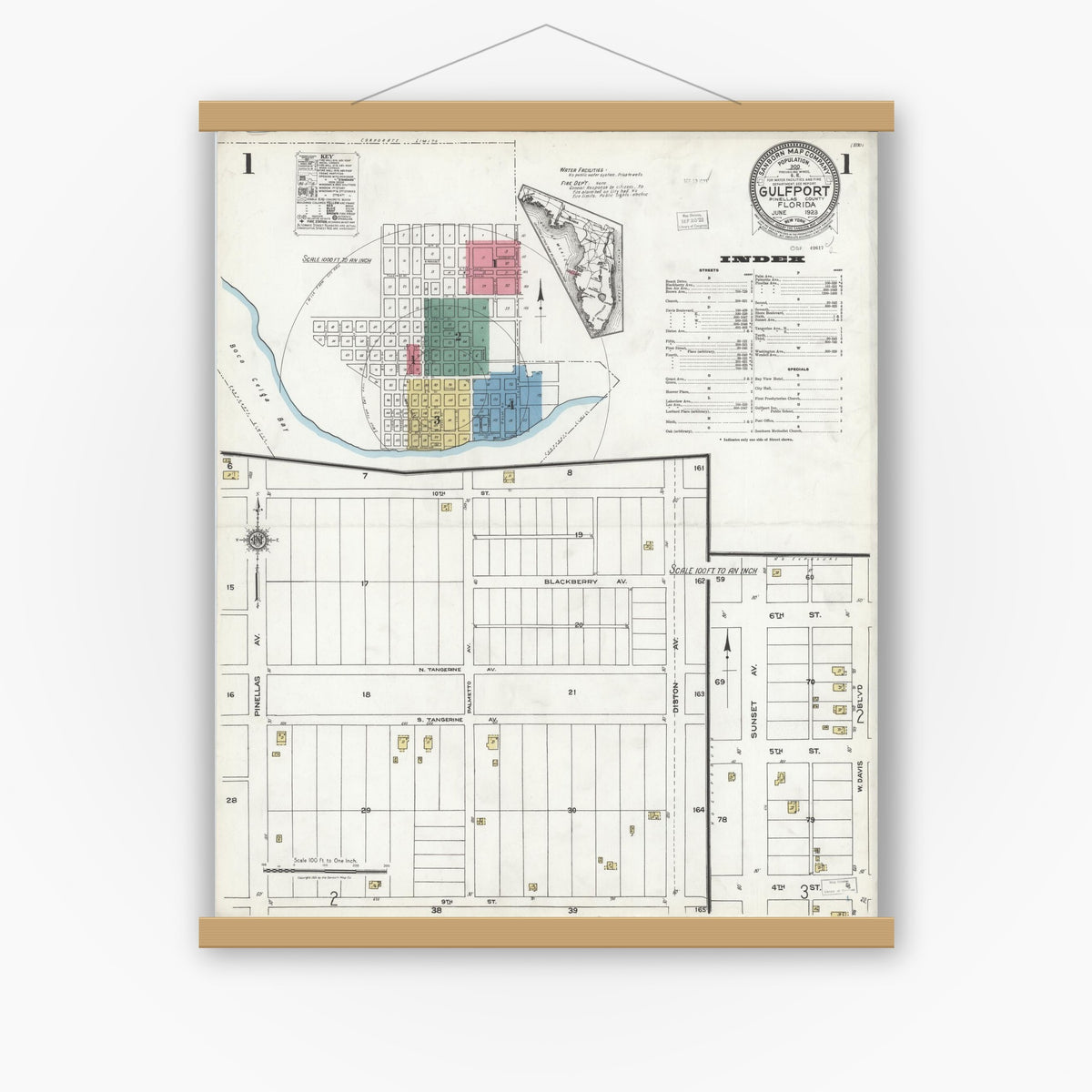 Old map wall art mockup — magnetic wood frame on white wall — Sanborn Fire Insurance Map from Gulfport, Pinellas County, Florida (1923) - Complete Map Set