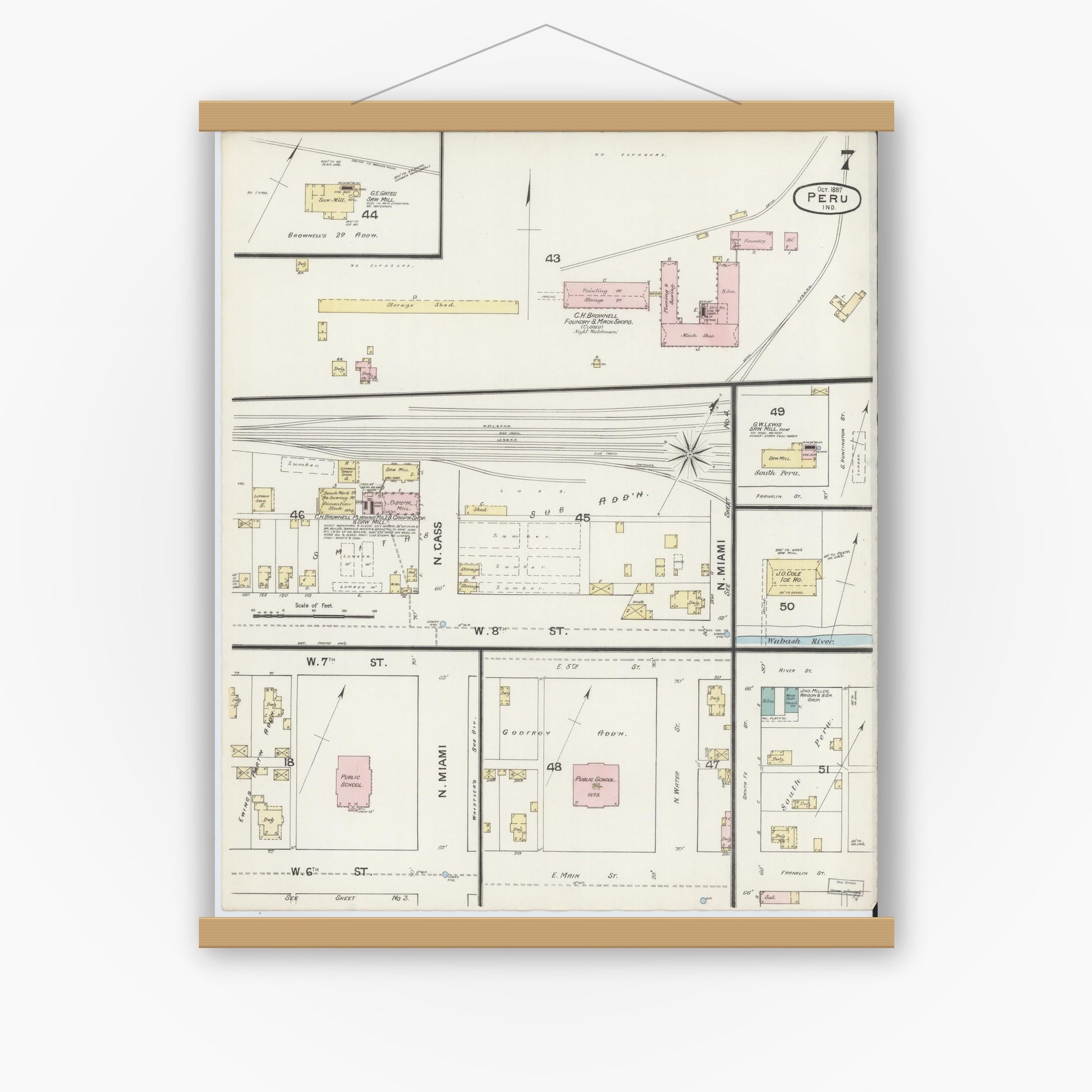 Old map wall art mockup — magnetic wood frame on white wall — Sanborn Fire Insurance Map from Peru, Miami County, Indiana (1887), Sheet #0007