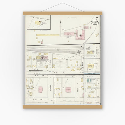 Old map wall art mockup — magnetic wood frame on white wall — Sanborn Fire Insurance Map from Peru, Miami County, Indiana (1887), Sheet #0007