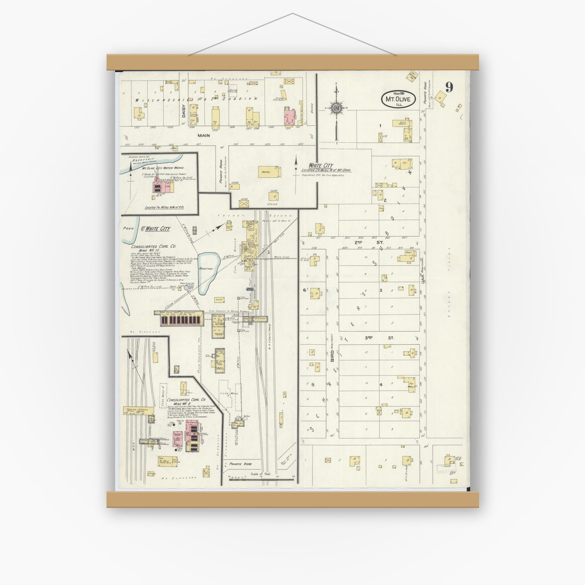 Old map wall art mockup — magnetic wood frame on white wall — Sanborn Fire Insurance Map from Mount Olive, Macoupin County, Illinois (1910), Sheet #0009